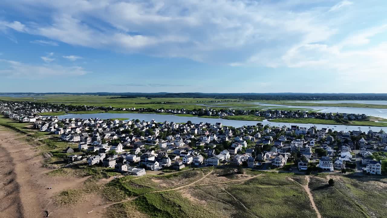 Drone view of a Massachusetts beach town on a summer day