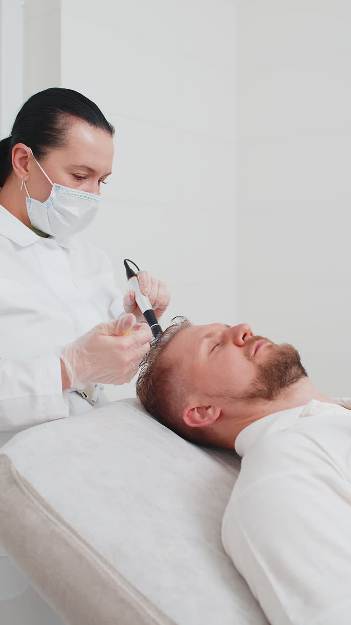 tricólogo haciendo hombre mejorar el crecimiento del cabello procedimiento dermapen microneedling inyecciones de vitaminas