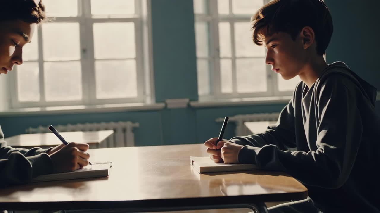 Two students writing in notebooks at desks in a classroom