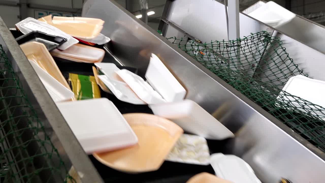 Recycling process in action: Plastic boxes, foam, and paper packaging are being sorted on a conveyor belt at the recycling plant.