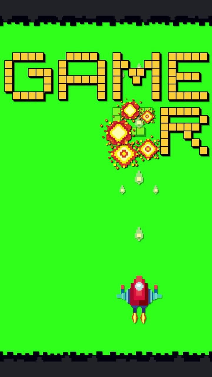 Yeşil bir arka plana karşı "Game Over" yazısını oluşturan sarı blok harfler fırlatan retro 8-bit uzay gemisi.