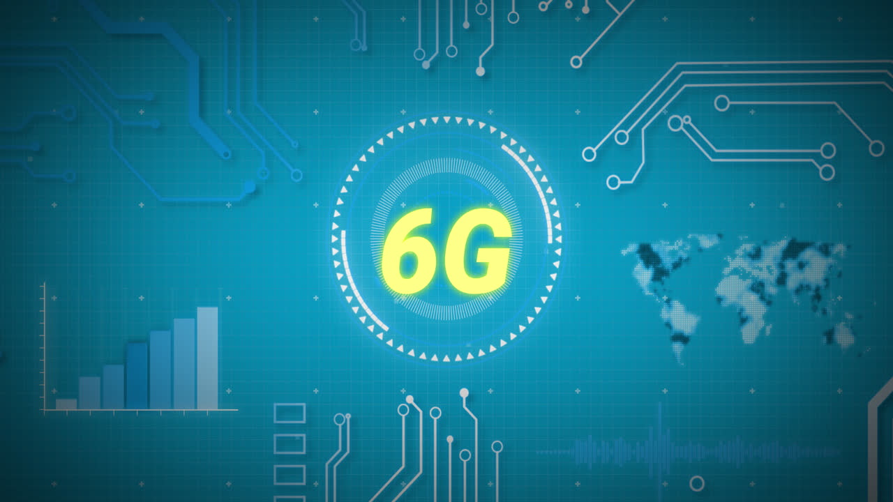 animación de texto 6g, escaneo de alcance y procesamiento de datos sobre el mapa del mundo