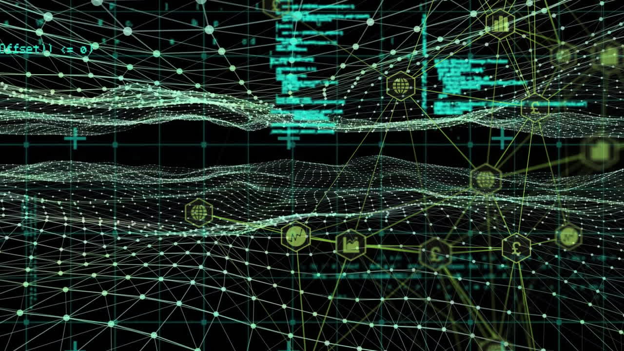 Animation of network of connections with business icons over data processing on black background