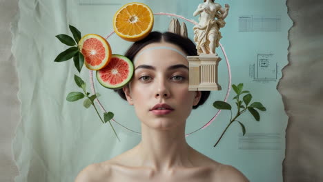 surreal portrait of a woman with classical statue and citrus elements