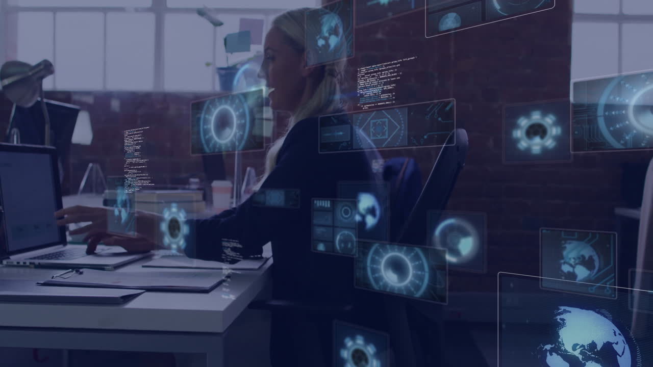 technology analyst typing on laptop in modern office, interacting with holographic data charts