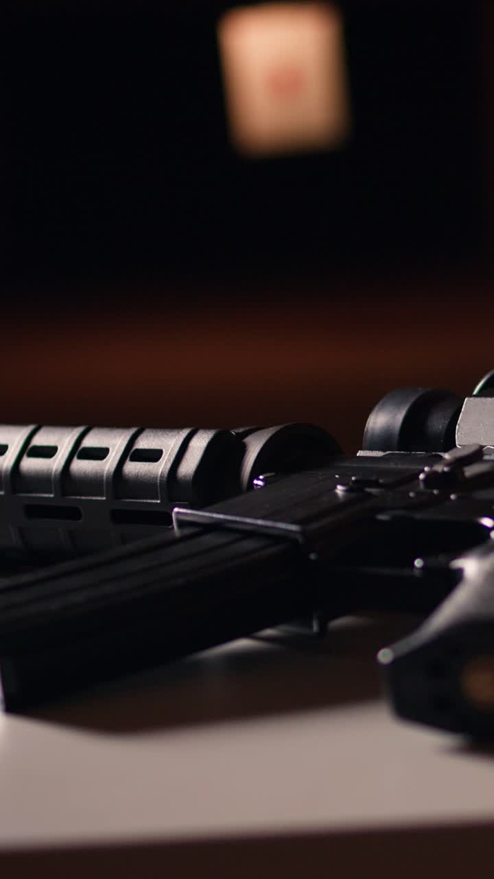 Vertical video Close up of assault rifle in shooting gallery used to shoot targets