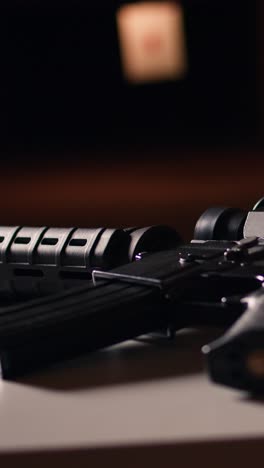vertical video close up of assault rifle in shooting gallery used to shoot targets