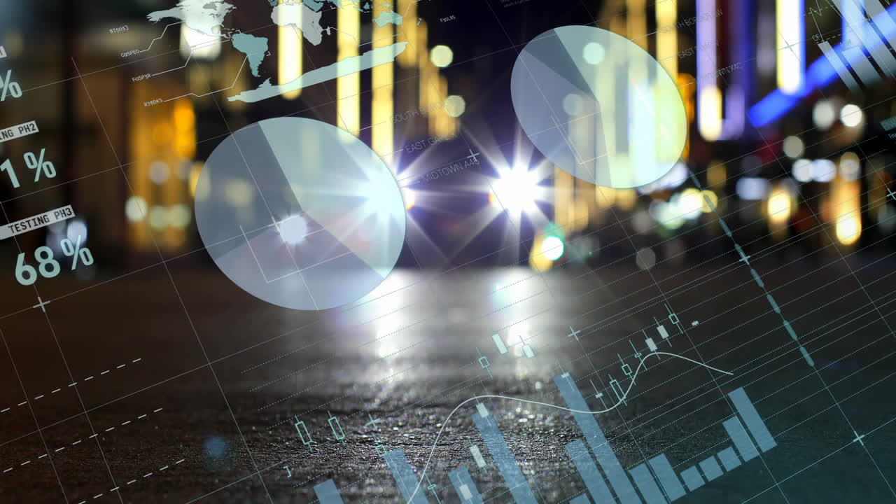 Translucent pie chart overlaying street at night, displaying digital finance charts and overlays