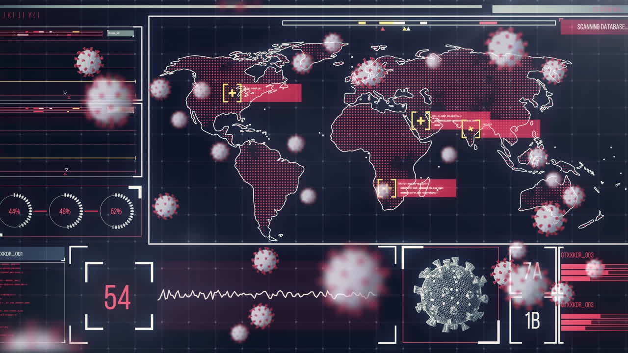 animación de células de covid 19 y procesamiento de datos en el mapa del mundo