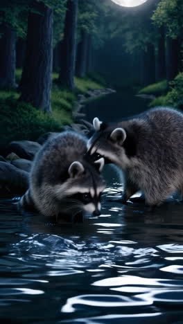 raccoons by the moonlit creek