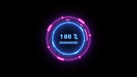 animación tecnológica de progreso circular radial o barra de carga. elementos hud futuristas. estado de indicación brillante y brillante 100%. fondo de tecnología informática. ciberespacio, diseño de fuis de alta tecnología.