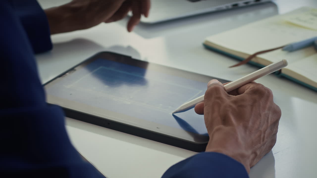 Hands of Unrecognizable Architect Drawing Blueprint on Tablet Time Lapse