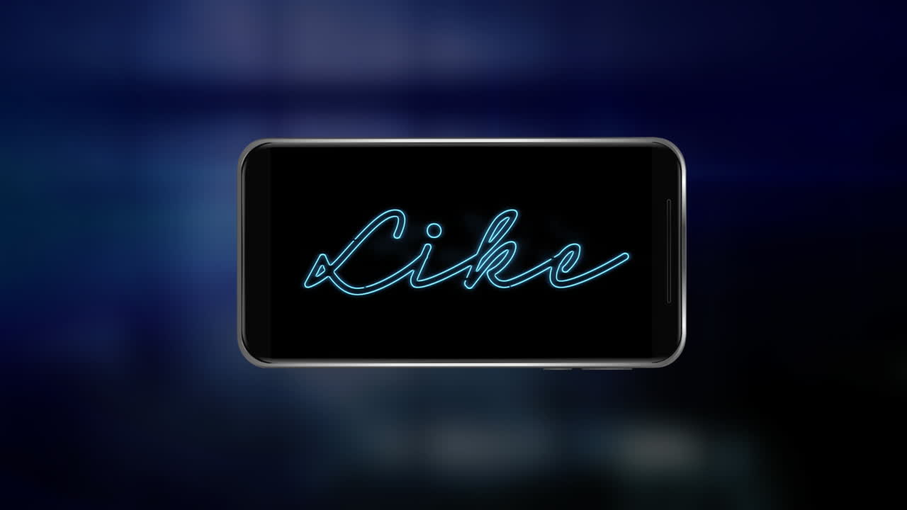 animación de estilo neón azul como una palabra parpadeando en una pantalla de teléfono inteligente sobre un fondo azul oscuro