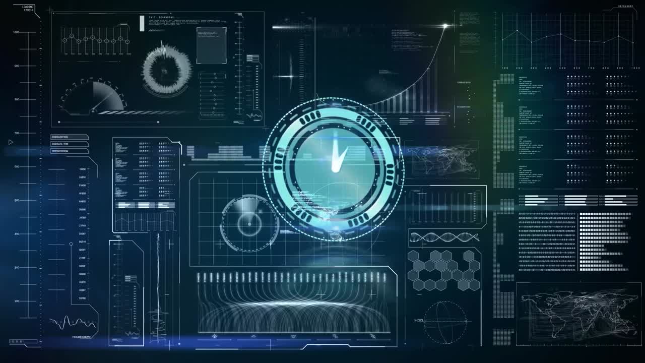 Animation of clock moving fast and data processing over screen