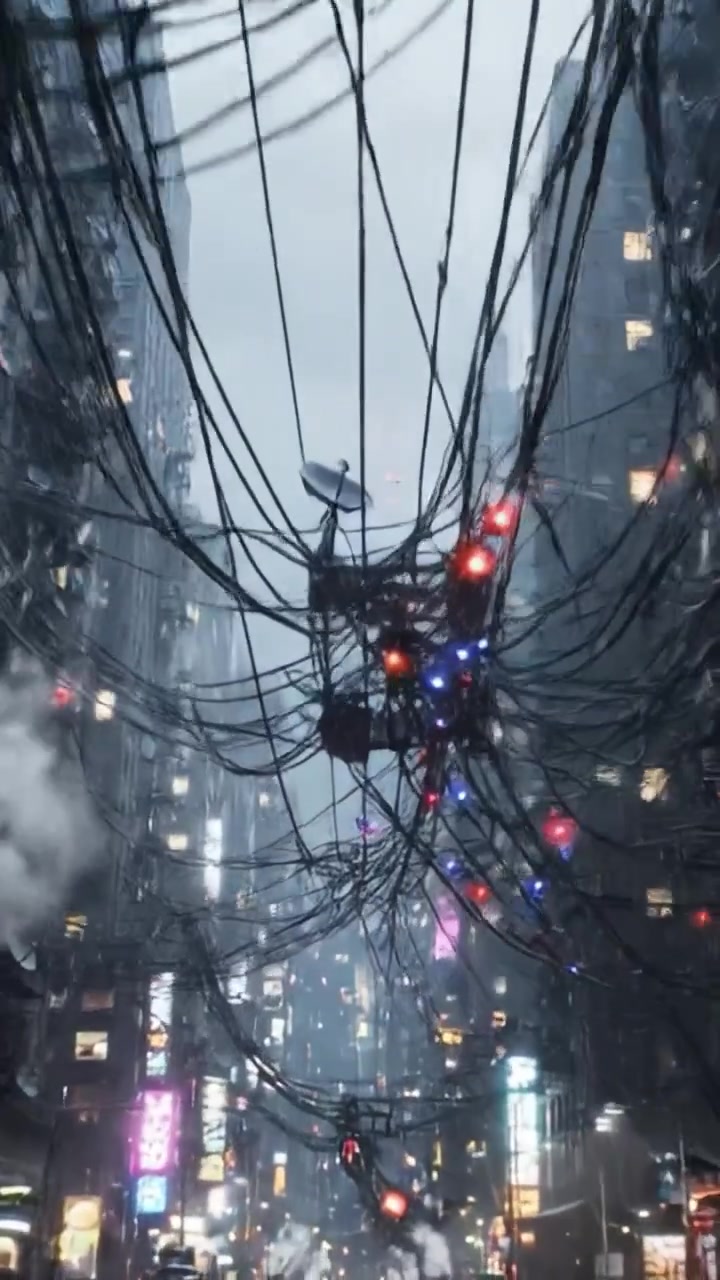 Paesaggio urbano distopico con cavi aerei e luci al neon: uno scorcio di vita in un paesaggio urbano futuristico avvolto nella nebbia e nel mistero.