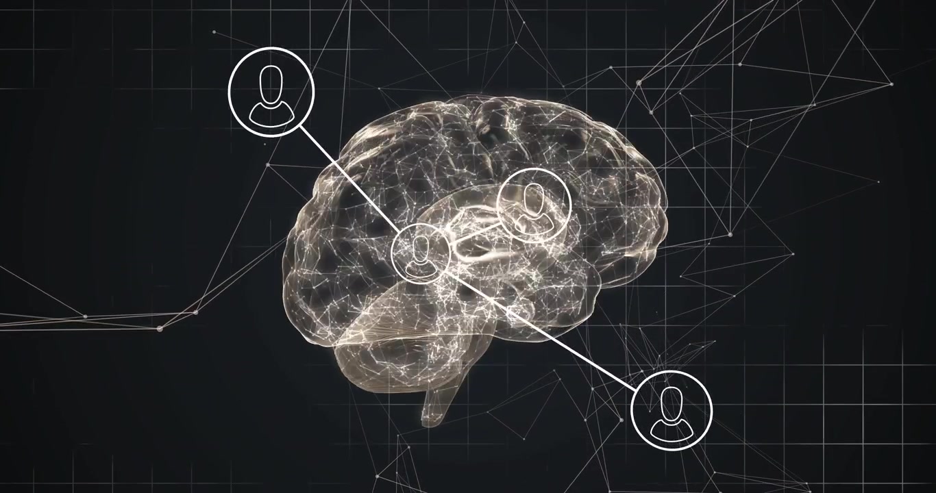 3D brain model pulsing central node and extending lines to avatar nodes, visualizing tech data