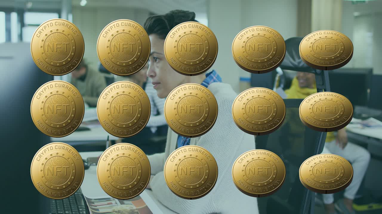 Office worker writing at desk, gold NFT grid appearing, covering or revealing face, showing crypto