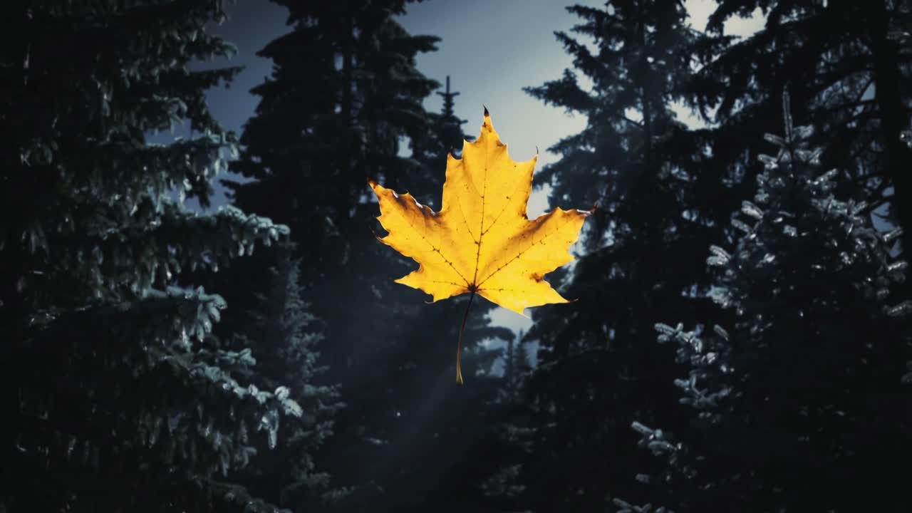 Lipuva yksittäinen keltainen vaahteranlehti aloittaa korkealta, laskeutuen kuuraisten kuusien läpi ja vangiten auringonsäteitä.