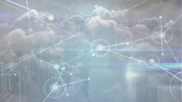 Animation of network of connections over aerial view of cityscape against clouds in the sky