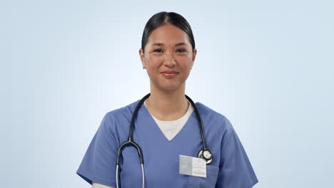 Woman,-face-and-happy-nurse-in-studio