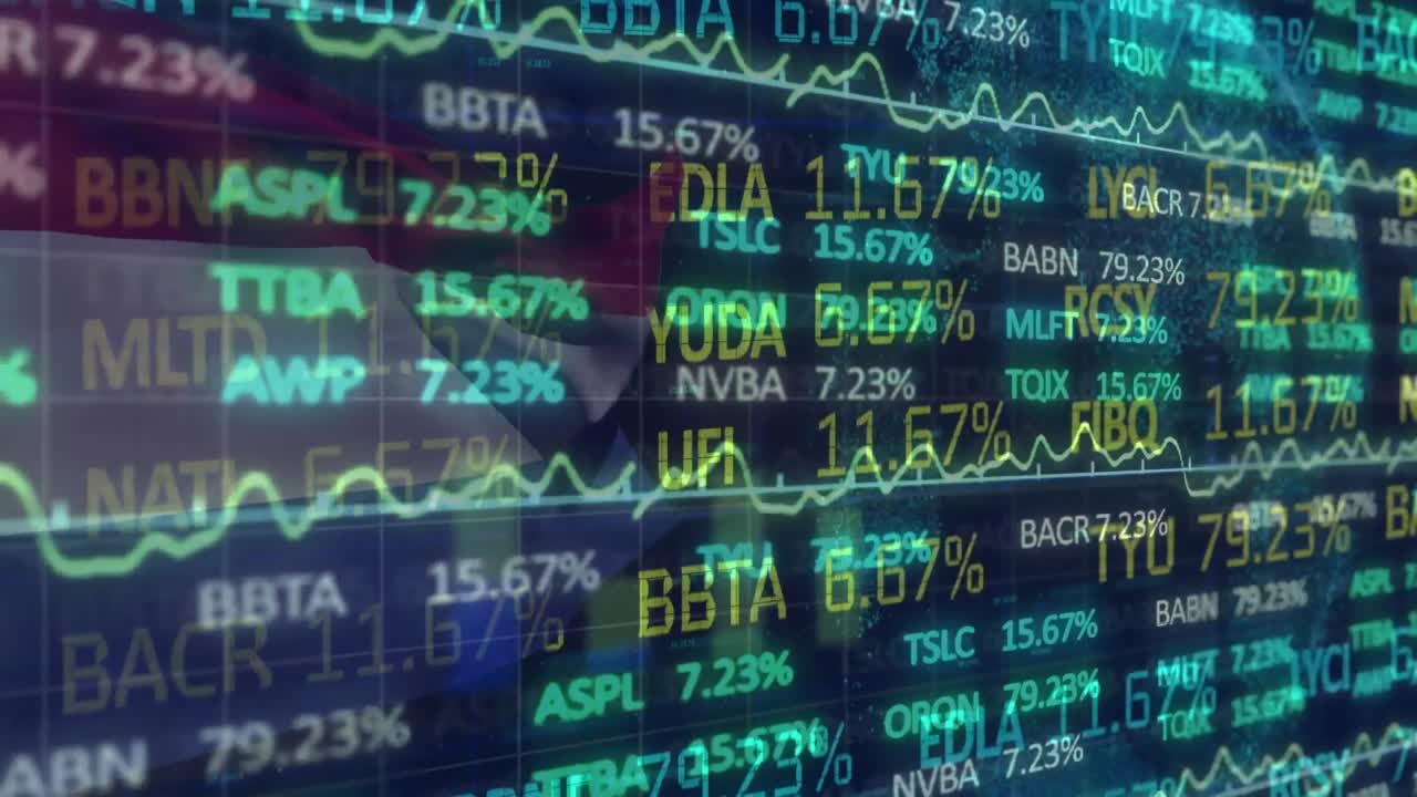 Animazione di grafici ed elaborazione dati sulla bandiera dei Paesi Bassi su sfondo nero