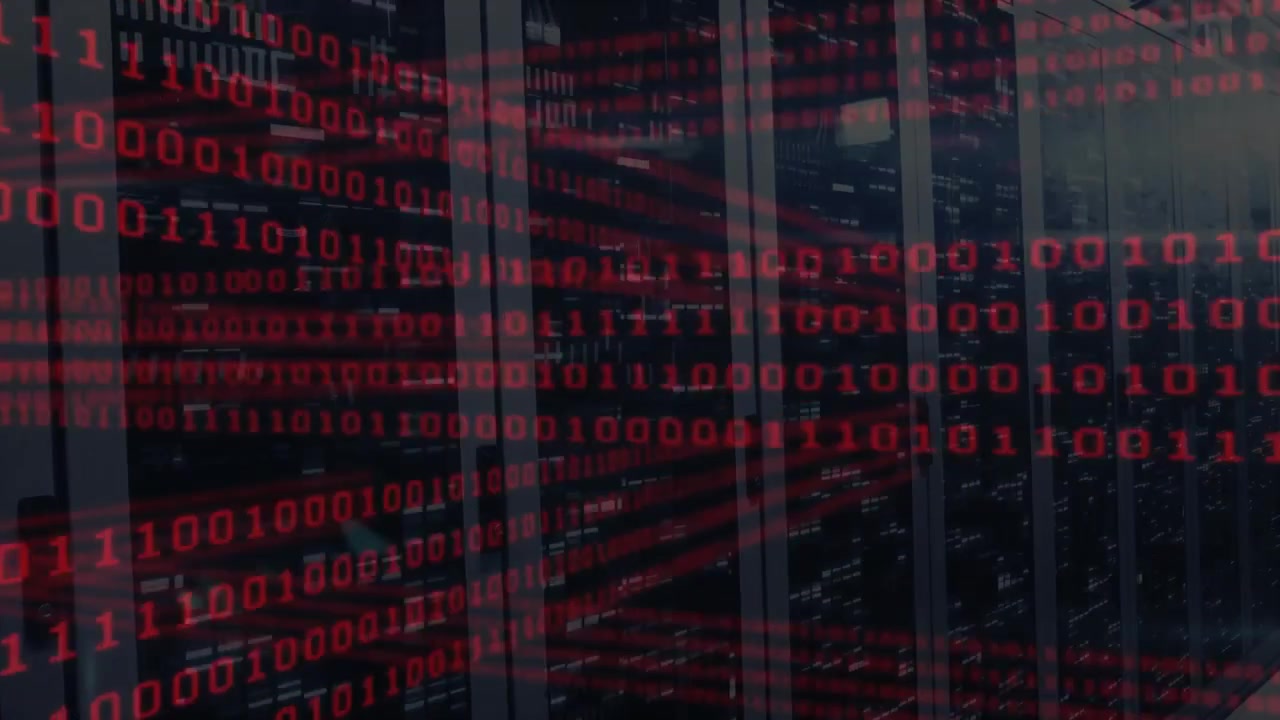 Svage røde binære cifre vises over serverracks, driver diagonalt og visualiserer dataflow.