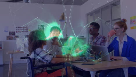 animation of network of connections over diverse female and male coworkers in office