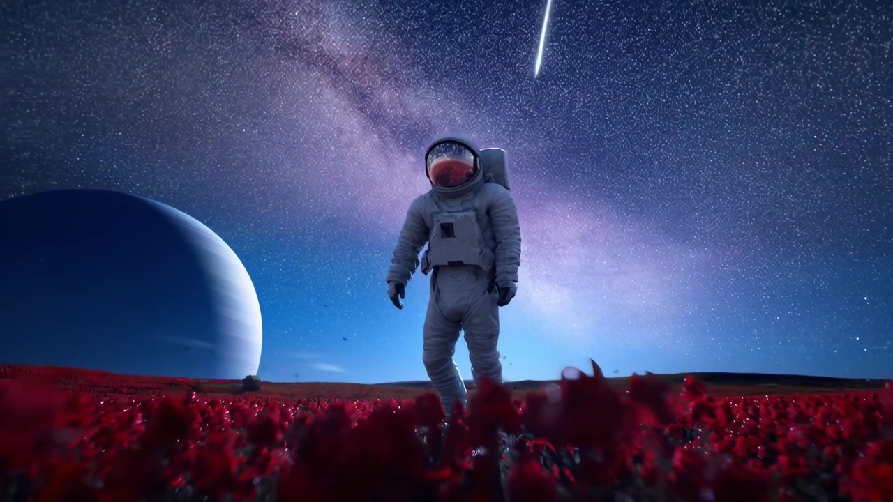 Astronautti seisomassa punaisella kukkakentällä tähtitaivaan alla