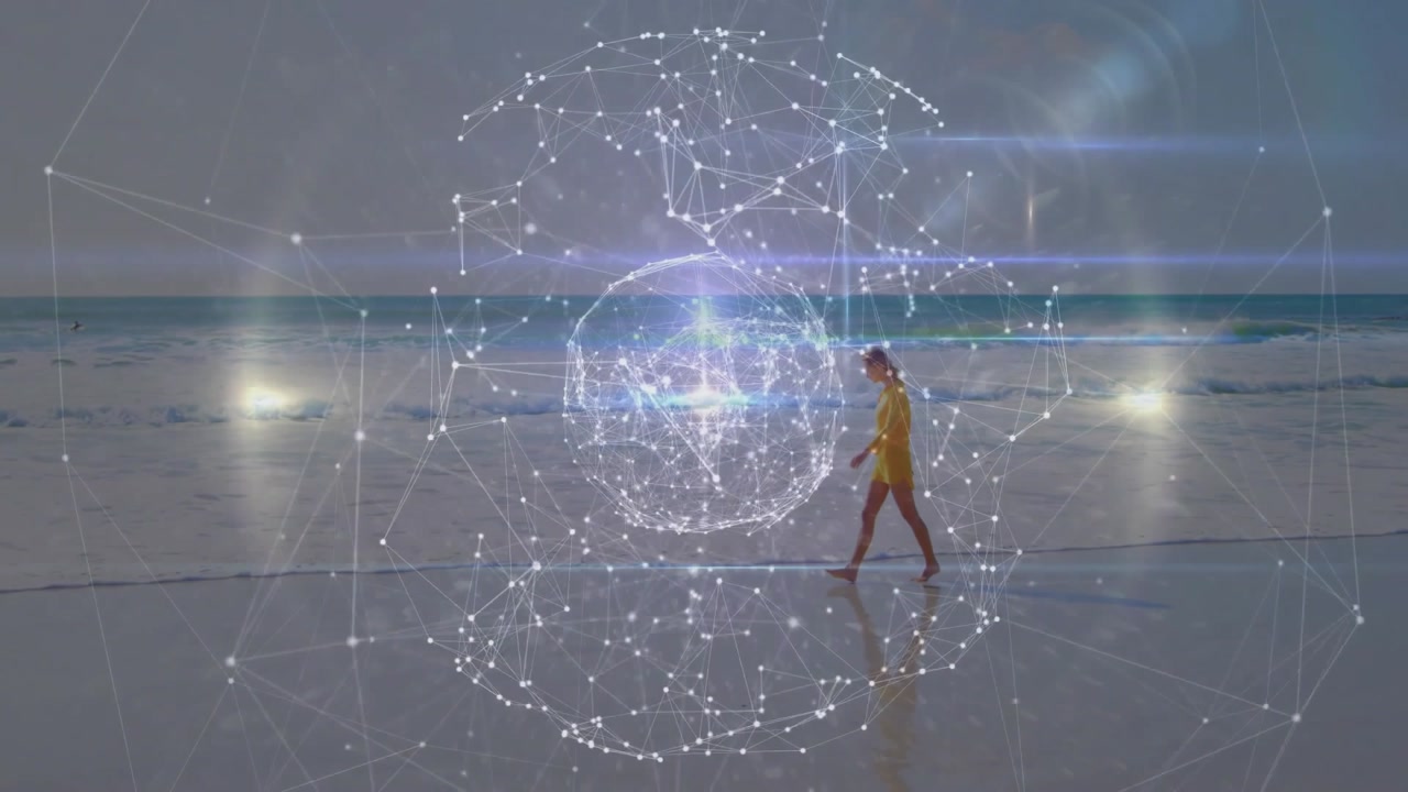 Barefoot woman stepping onto sand and exploring wireframe technology sphere pulsing on beach