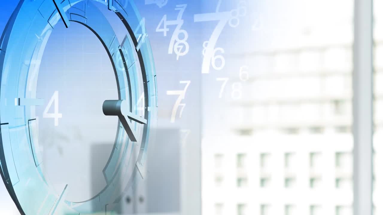 Animation of clock moving over numbers and cityscape