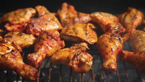 Delicious-chicken-pieces-frying-on-barbecue-grill