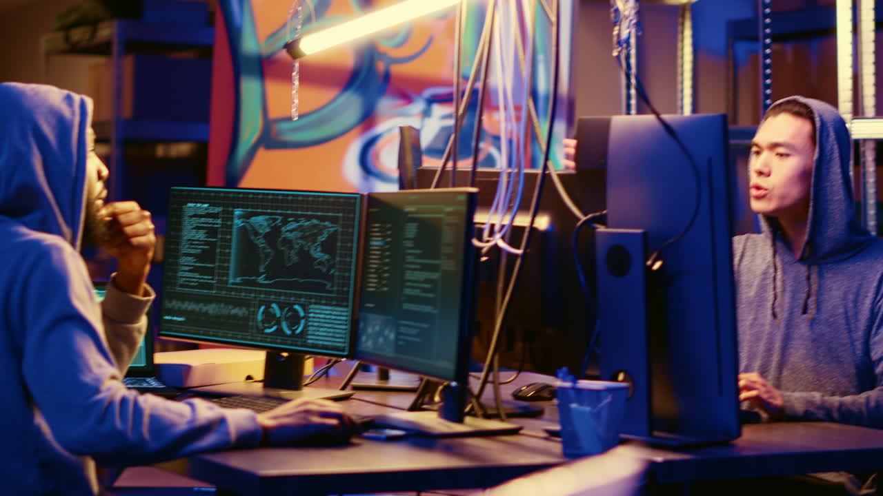 Hacker talks with colleague