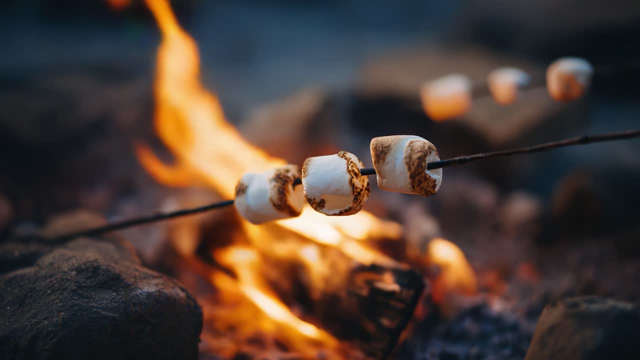 Roasting Marshmallows Over a Campfire: A Delightful Outdoor Experience with Melting Treats and Warmth of Flames in a Serene Natural Setting