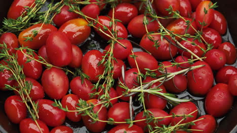 vibrant cherry tomatoes in a rustic cast-iron pan, covered with rosemary and thyme, ready for the oven