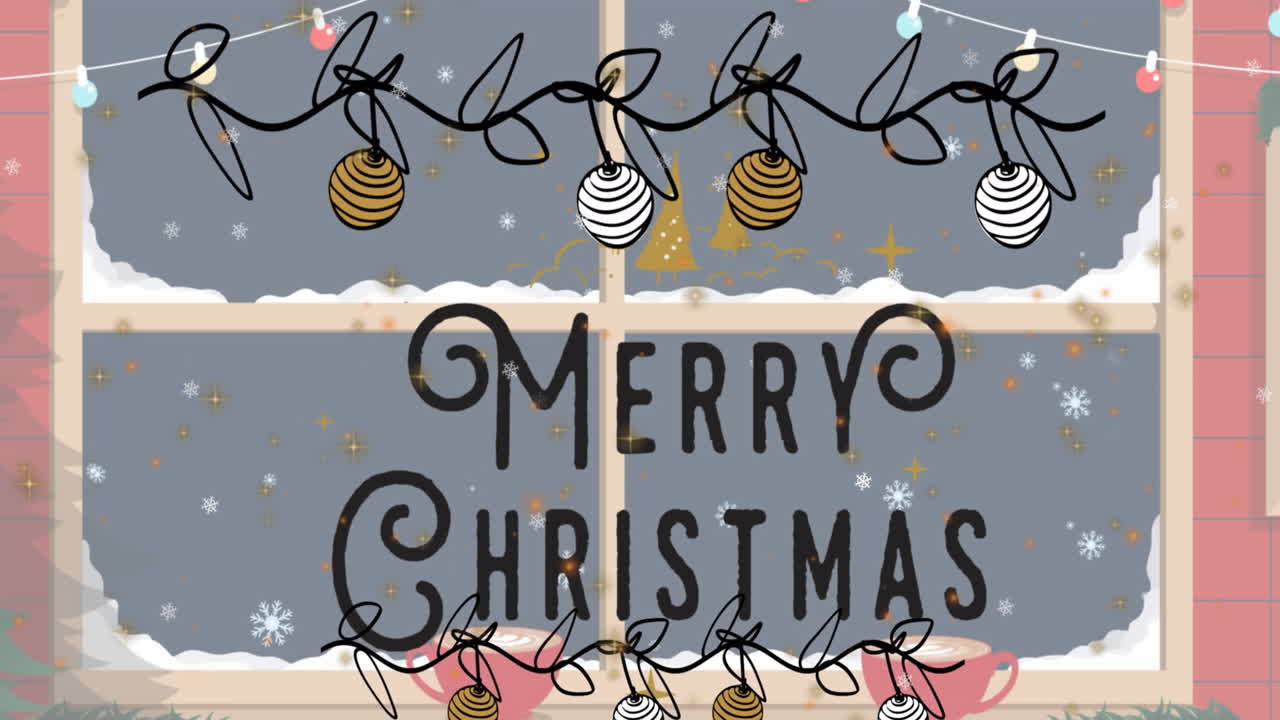 animación del texto de feliz navidad en baubles sobre ventanas contra copos de nieve.