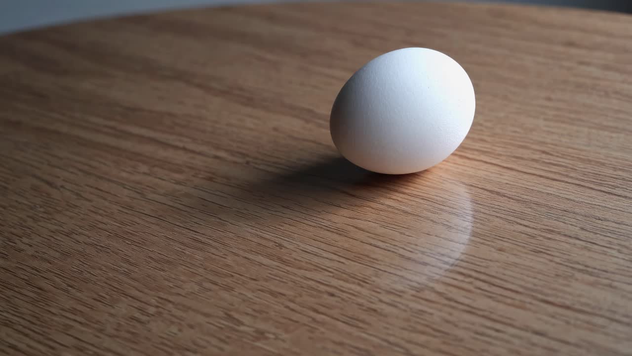 A close-up video of a single egg on a wooden table, shot from a low angle, highlighting its shadow
