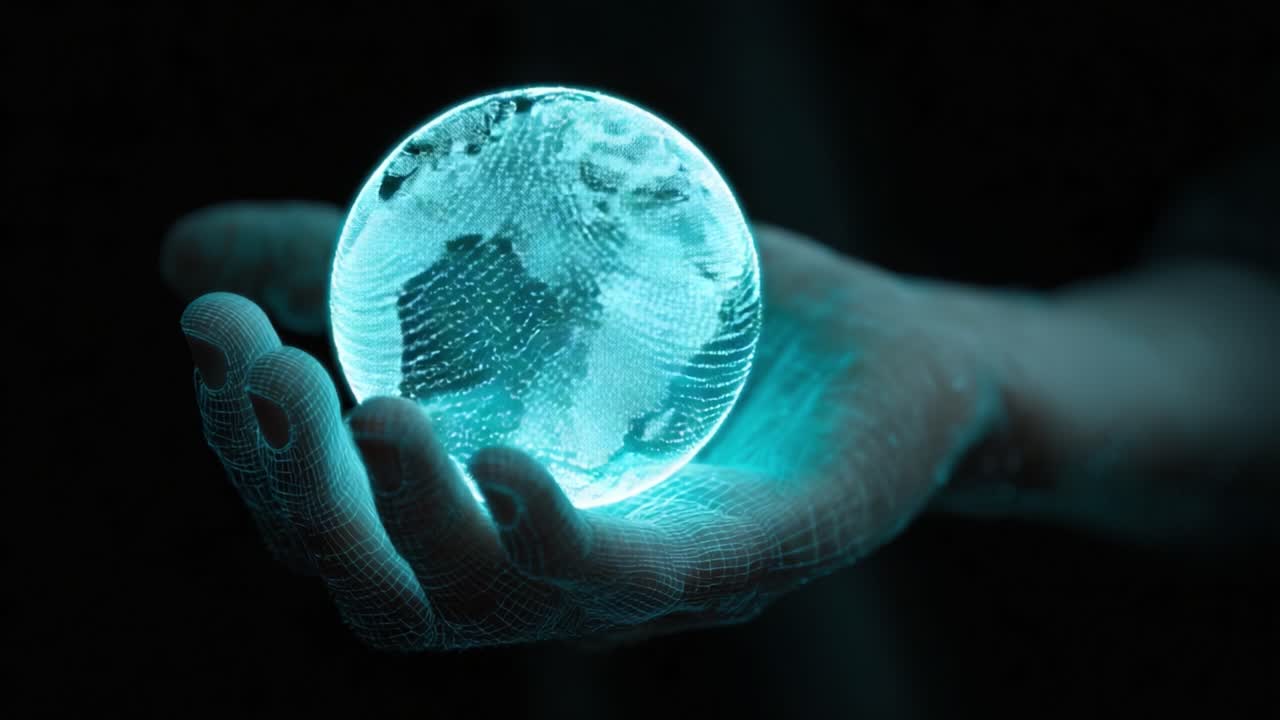 A Stunning Visualization of a Hand Holding a Holographic Sphere Representing Earth, Merging Technology and Artistry in a Futuristic Scene