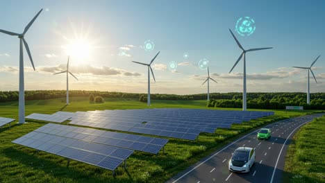 renewable energy landscape showcasing solar panels and wind turbines in a vibrant green field during sunset