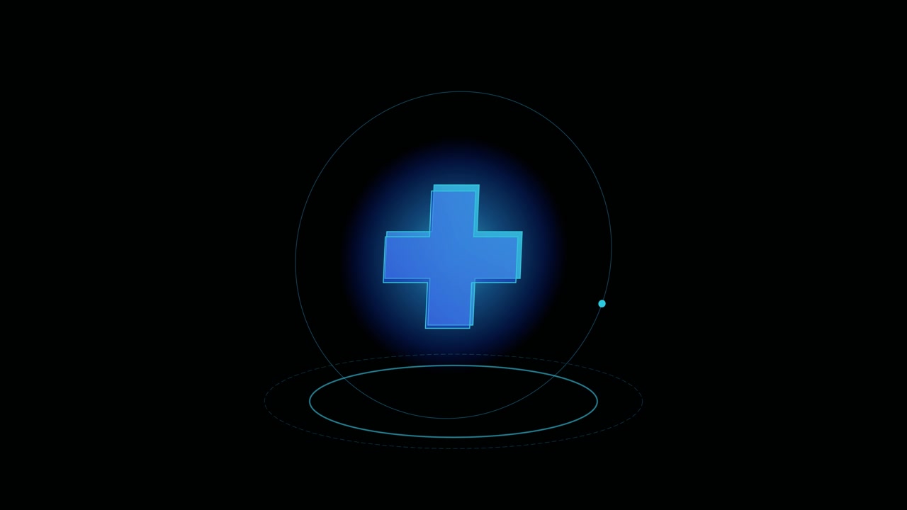 Rotating Blue Plus Sign Hologram on Black Background