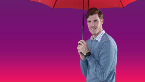 animation of caucasian businessman holding red umbrella on pink background