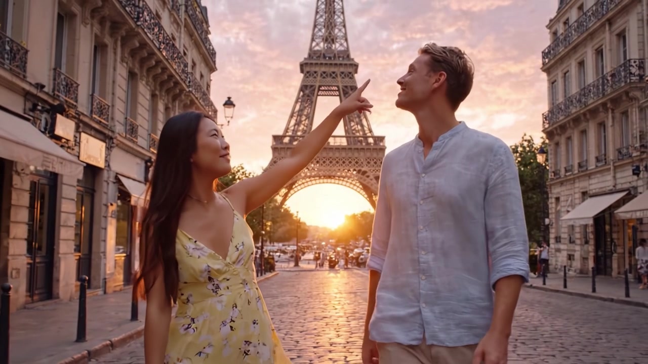 Romanttinen iltakävely Eiffel-tornin lähellä, kultaisen auringonlaskun hehkussa, vangiten rakkauden ja yhteyden kahden ihmisen välillä lumoavassa ympäristössä.