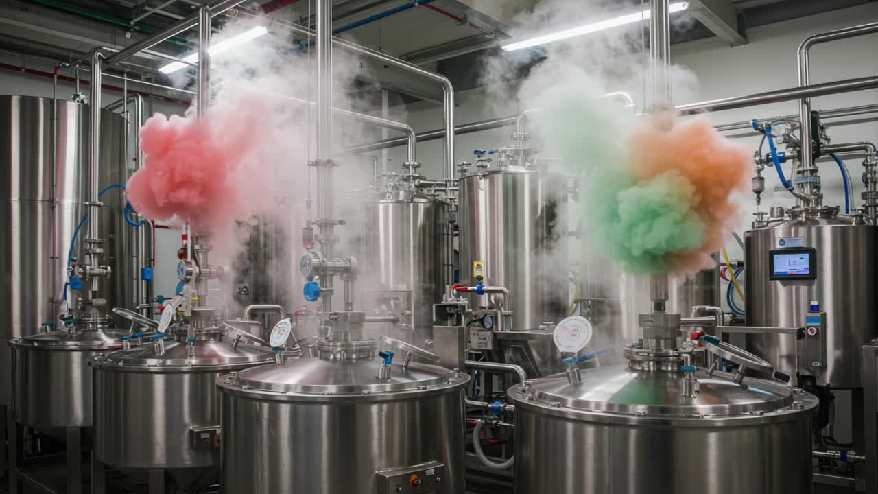 Exploring Colorful Reactions in Industrial Tanks: A Dynamic Display of Steam and Color Transformation in a High-Tech Processing Facility