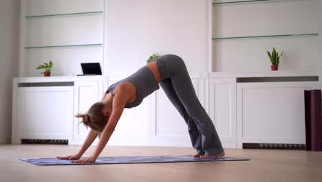 flexible female practicing yoga on mat in room