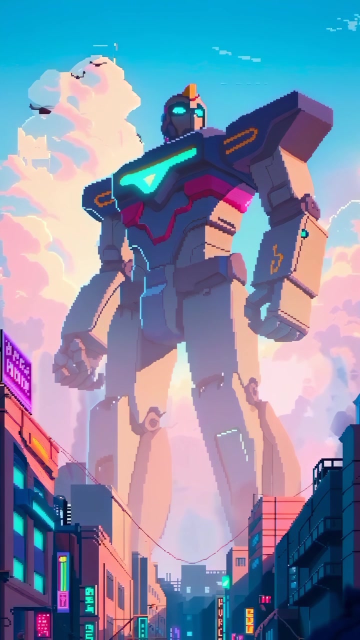 Robot gigante in pixel art in piedi in una vivace città cyberpunk