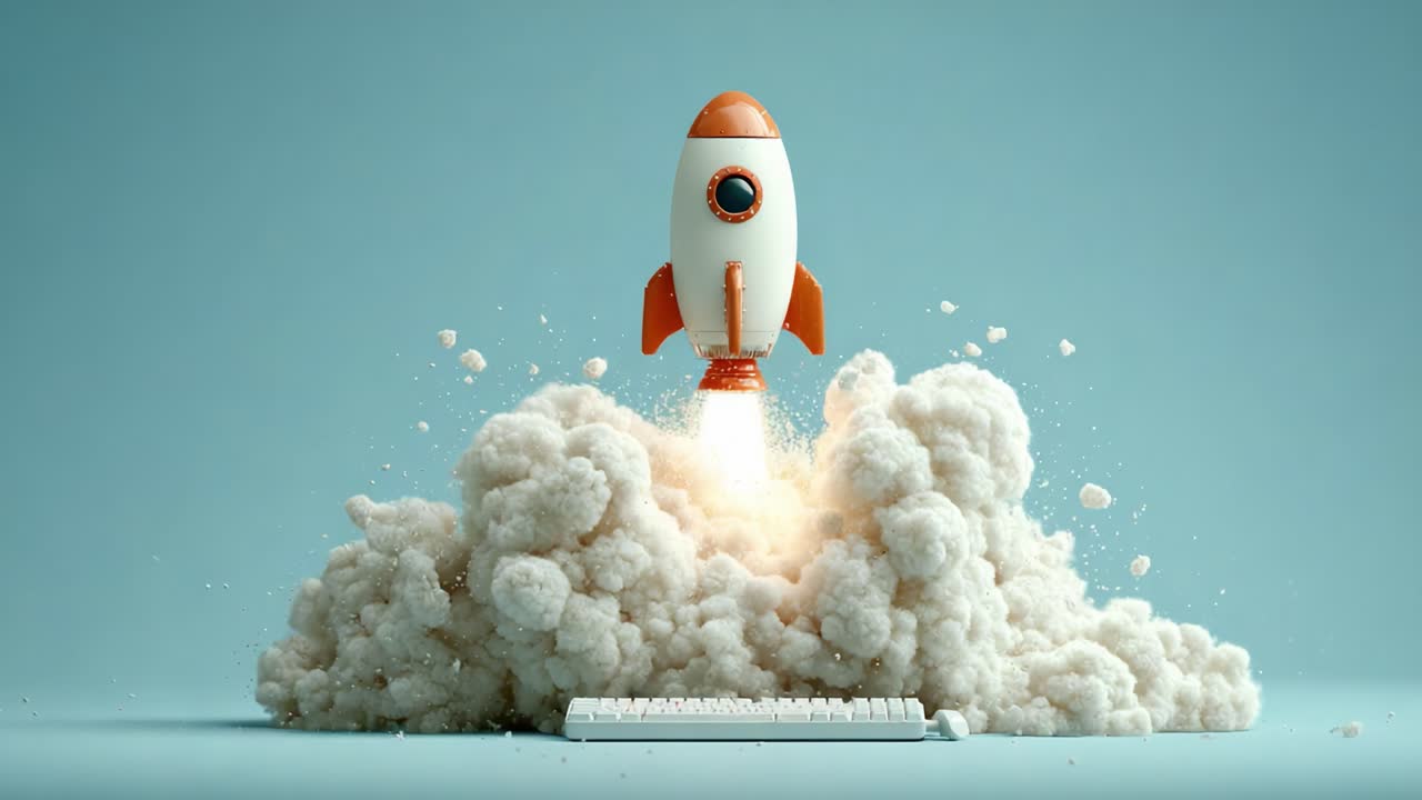 A Creative Launch: A Rocket Ascends Above a Keyboard Surrounded by Billowing Clouds, Symbolizing Innovation and Technology Advancements in Digital Space