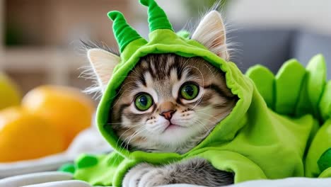 a small kitten in a green dinosaur costume laying on a bed