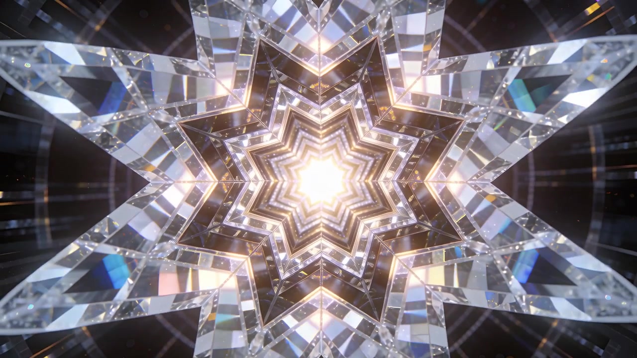 Una stella di cristallo concentrica rotante reagisce a un impulso centrale, spostando i colori dei prismi nel vuoto oscuro.