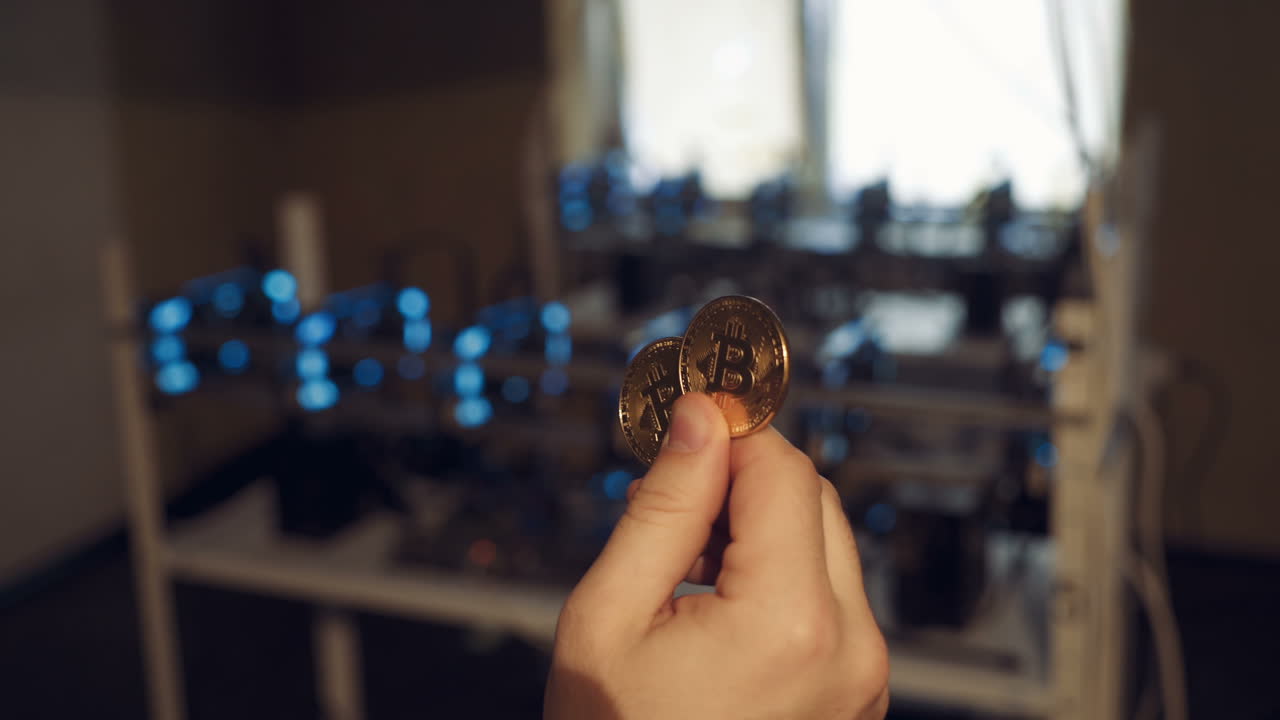 Golden Bitcoin Coin. Bitcoin cryptocurrency. Business concept. Working graphic video cards for electronic currency