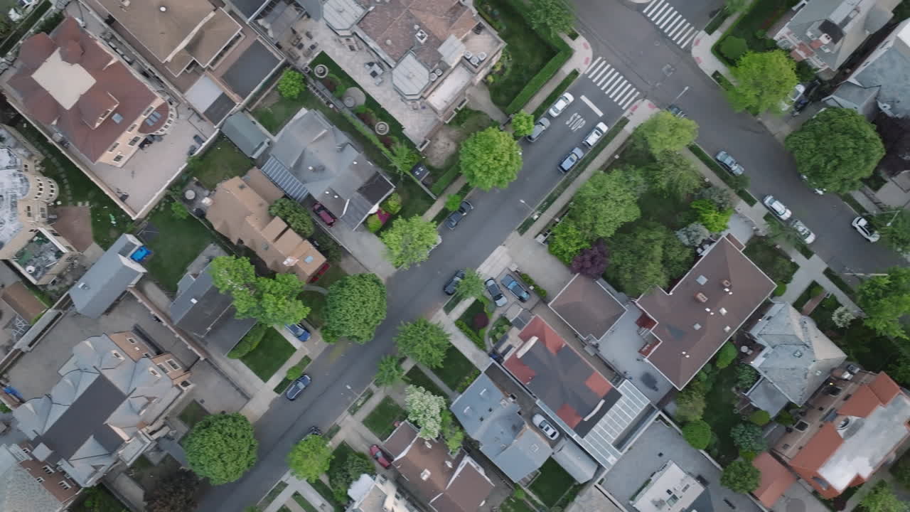 Aerial view of homes in Forrest Hills, Queens. Shot in New York City on a spring day.