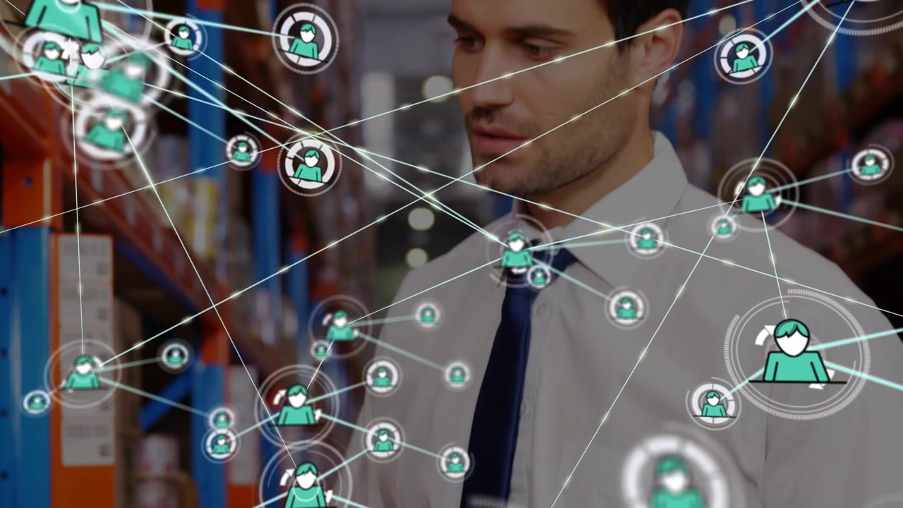 Animation of profile icons connecting dots, caucasian supervisor using digital tablet at warehouse